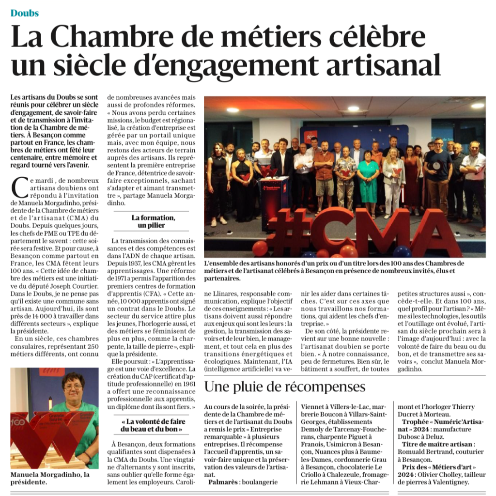 Sami Dubosc récompensé aux 100 ans de la Chambre des métiers du Doubs pour son engagement artisanal avec Manufacture Dubosc et Fils