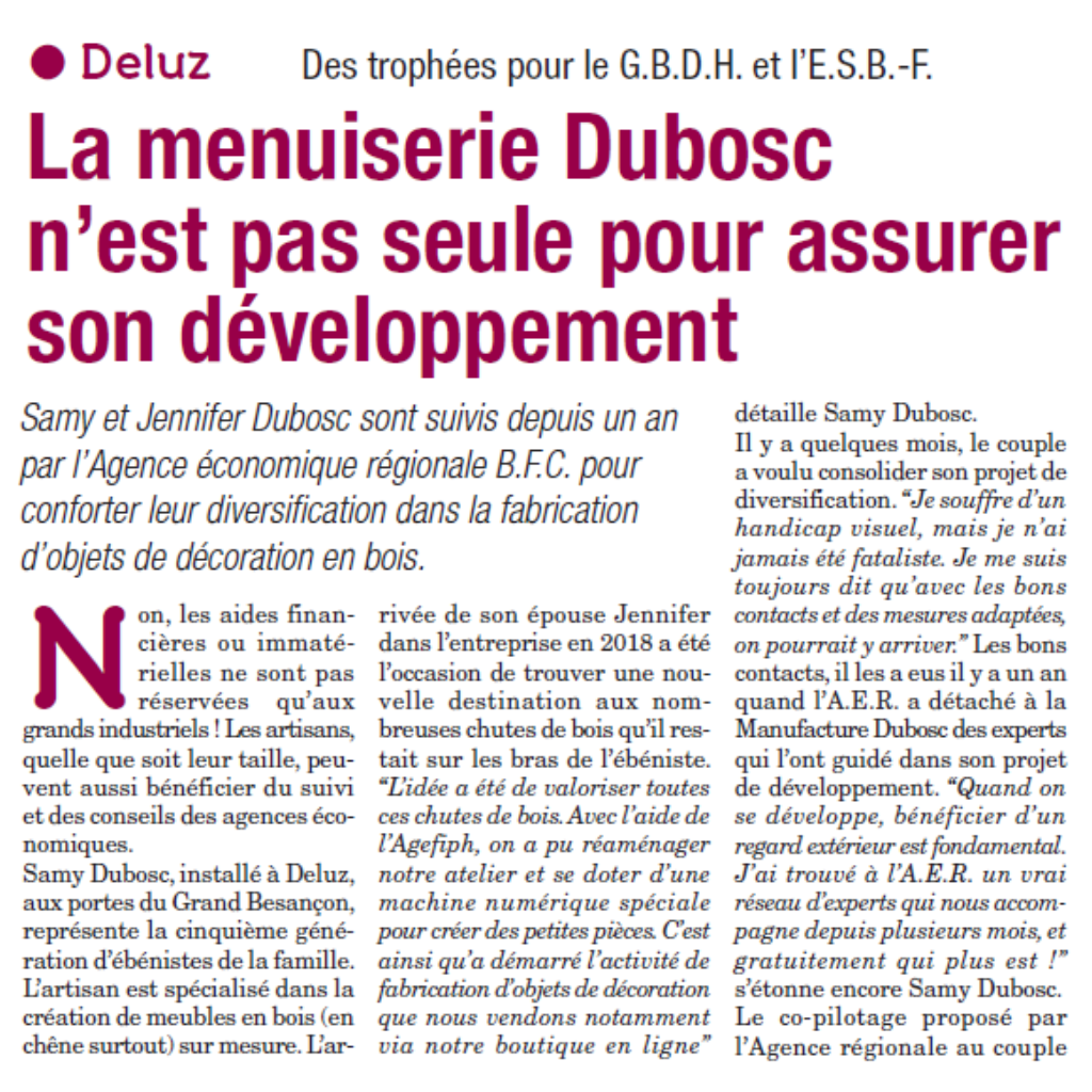 Article de presse sur le développement de la Manufacture Dubosc et Fils à Deluz avec l'accompagnement de l'AER Bourgogne-Franche-Comté.