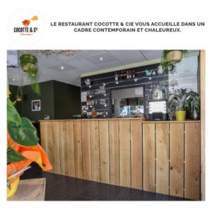 Vue intérieure du restaurant Cocotte & Cie avec un comptoir en bois massif sur mesure, fabriqué par Manufacture Dubosc et Fils. Le restaurant présente une ambiance contemporaine et chaleureuse, mettant en valeur l'artisanat du bois local et durable. Ce comptoir en bois massif illustre le savoir-faire artisanal et la qualité des matériaux utilisés par Manufacture Dubosc et Fils, spécialistes du mobilier personnalisé et éco-responsable.