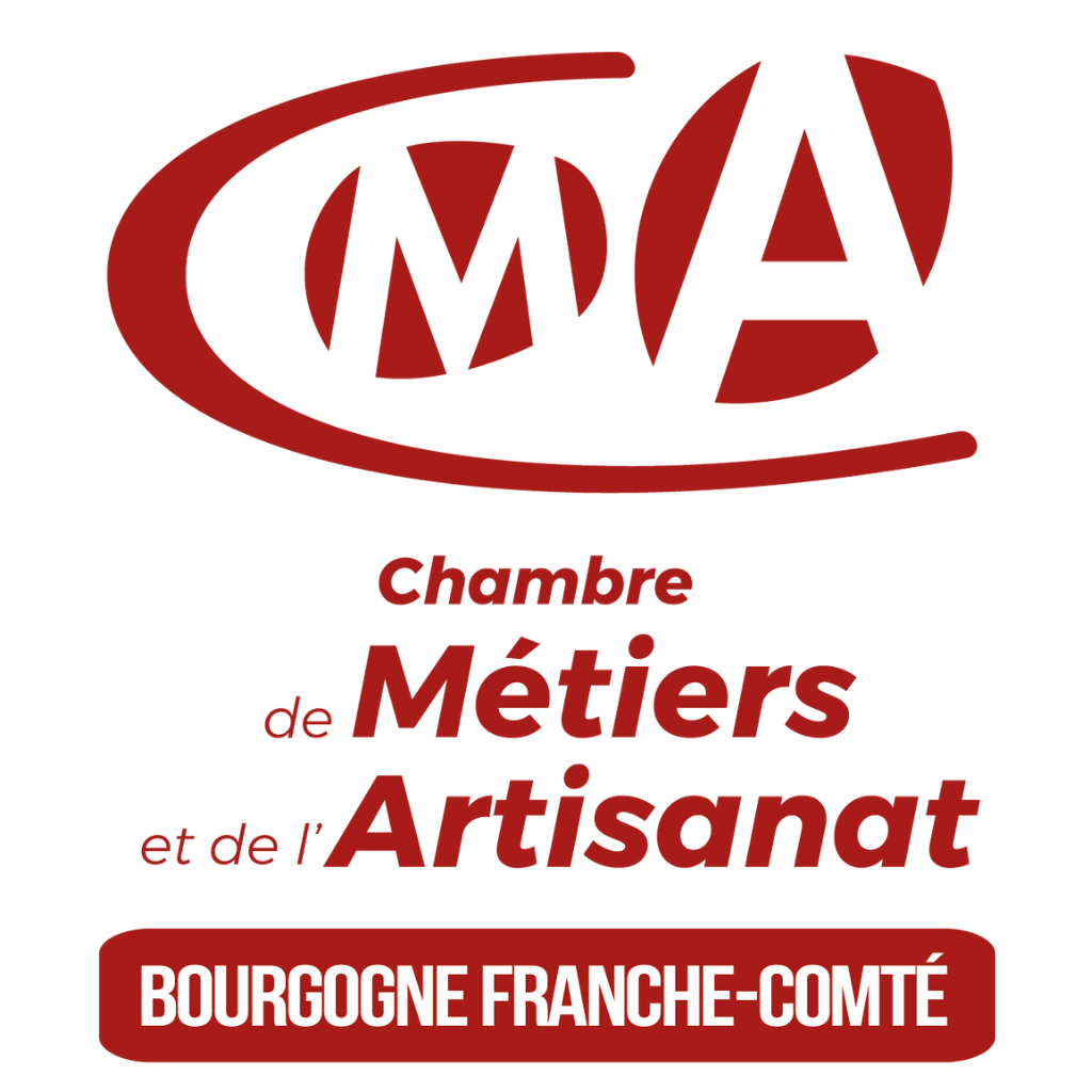 Logo officiel de la Chambre de Métiers et de l’Artisanat Bourgogne Franche-Comté, mettant en avant le soutien aux artisans locaux. Manufacture Dubosc et Fils, artisan spécialisé dans la fabrication de produits en bois massif personnalisés, bénéficie de cet accompagnement pour développer son activité et son expertise en ultra-personnalisation grâce au numérique.