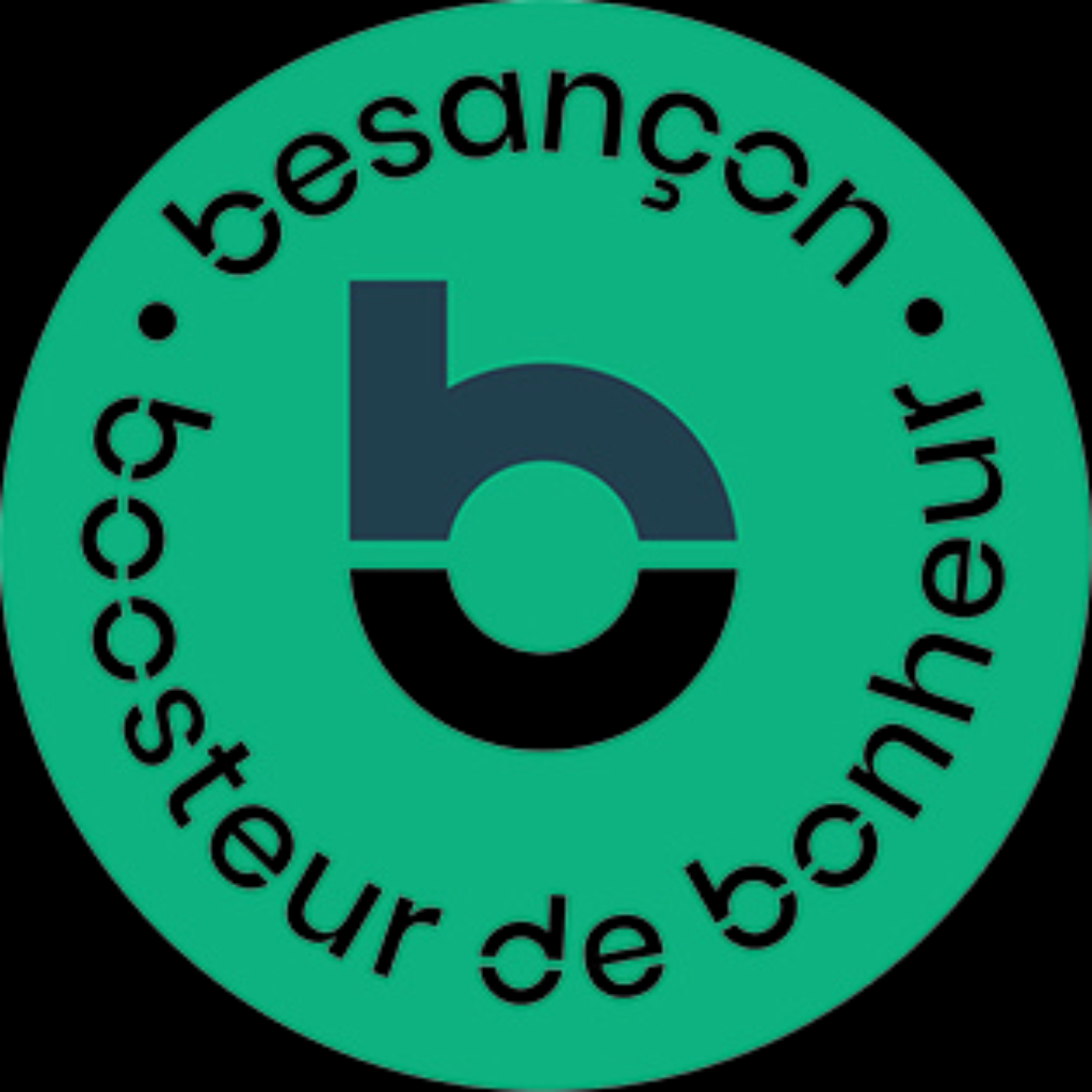 Logo Besançon, Boosteur de Bonheur sur fond sombre. Manufacture Dubosc et Fils, artisan local spécialisé dans la création de mobilier et accessoires en bois massif, partage les valeurs de durabilité et de patrimoine de la région. Découvrez nos produits faits main, conçus dans un esprit éco-responsable, disponibles sur notre boutique en ligne.