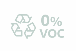 Icônes éco-responsables de la Manufacture Dubosc et Fils : symbole du recyclage et mention 0% VOC sur fond noir, design sobre et durable.