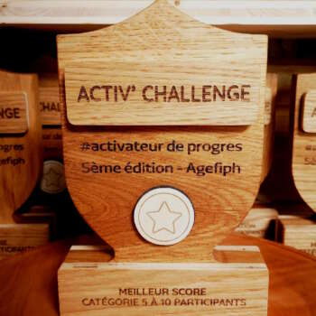 Trophée Activ’ Challenge Agefiph en bois massif fabriqué artisanalement en France – Manufacture Dubosc & Fils.