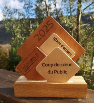 Trophée Biocoop en bois massif – modèle 2025 Coup de cœur du Public – fabrication artisanale Manufacture Dubosc & Fils.