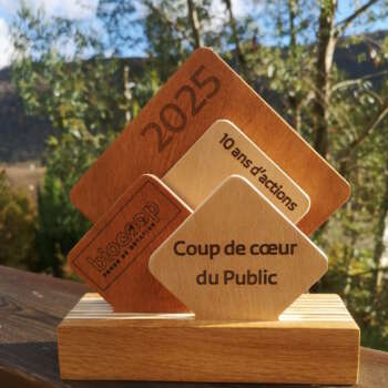 Trophée Biocoop en bois massif – modèle 2025 Coup de cœur du Public – fabrication artisanale Manufacture Dubosc & Fils.