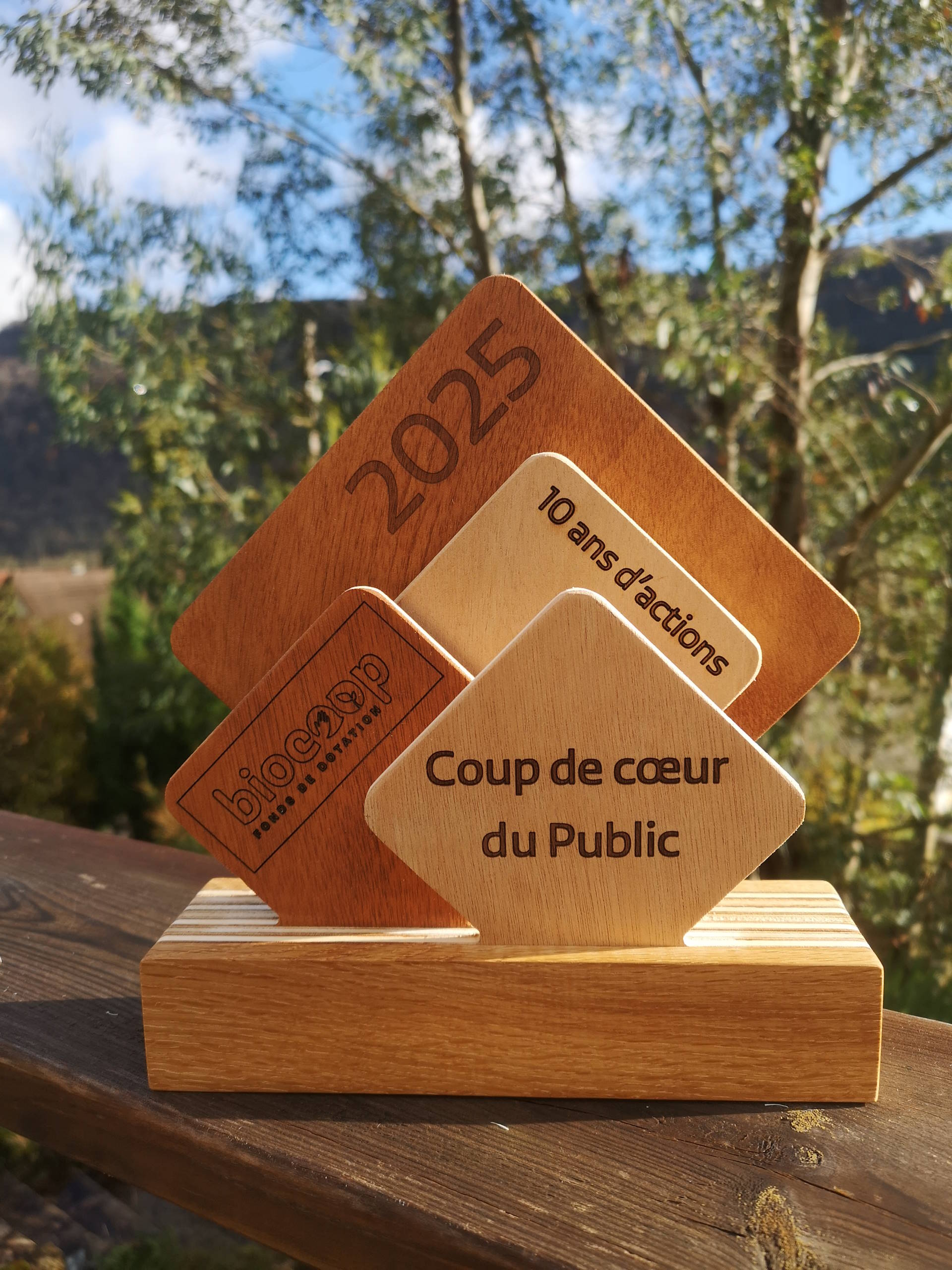 Trophée Biocoop en bois massif – modèle 2025 Coup de cœur du Public – fabrication artisanale Manufacture Dubosc & Fils.