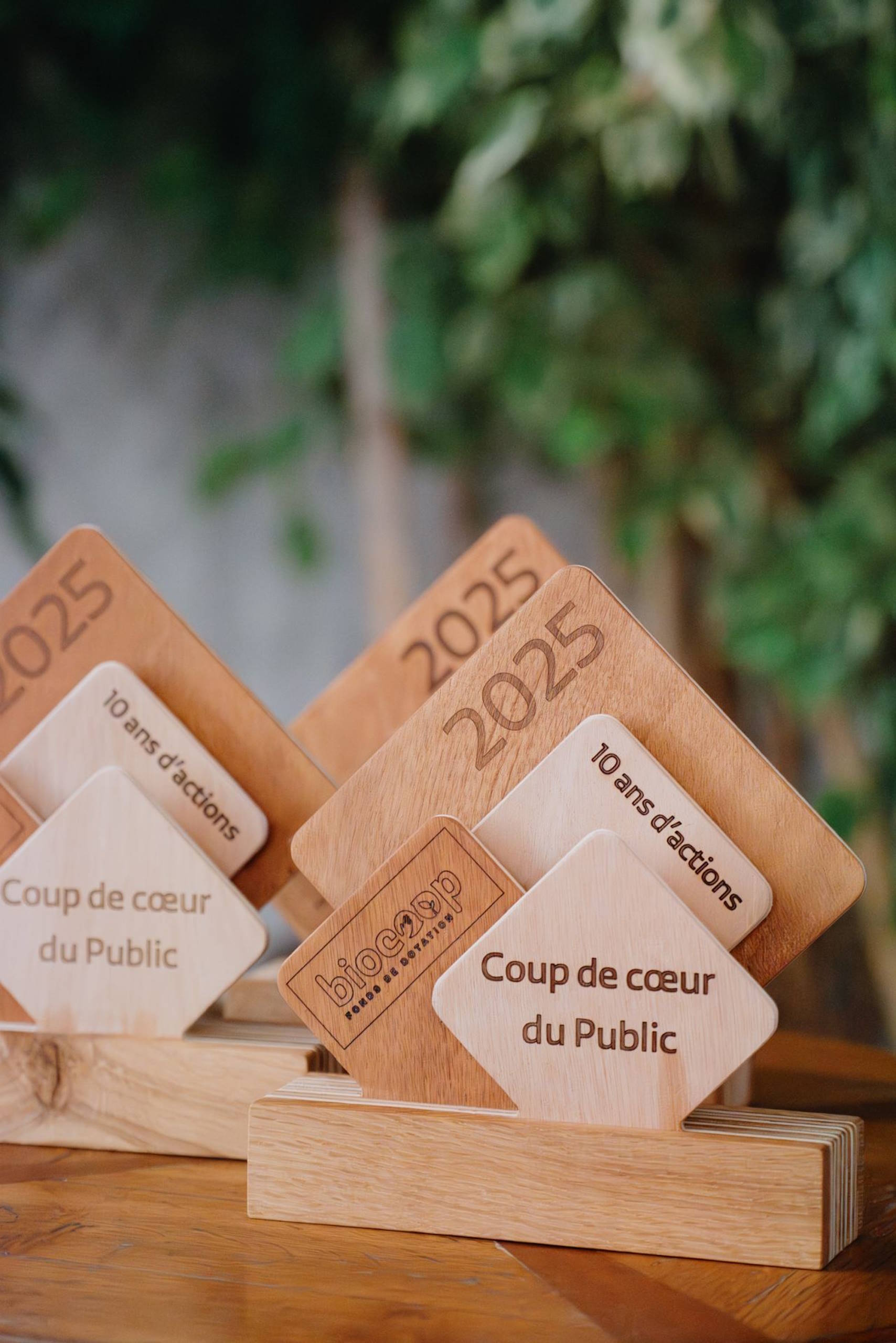 Trophées Biocoop en bois massif gravé – design sobre et fabrication française artisanale.