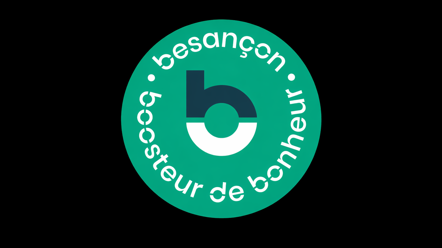 Logo Besançon Boosteur de Bonheur sur fond noir, marque d’attractivité du territoire bisontin