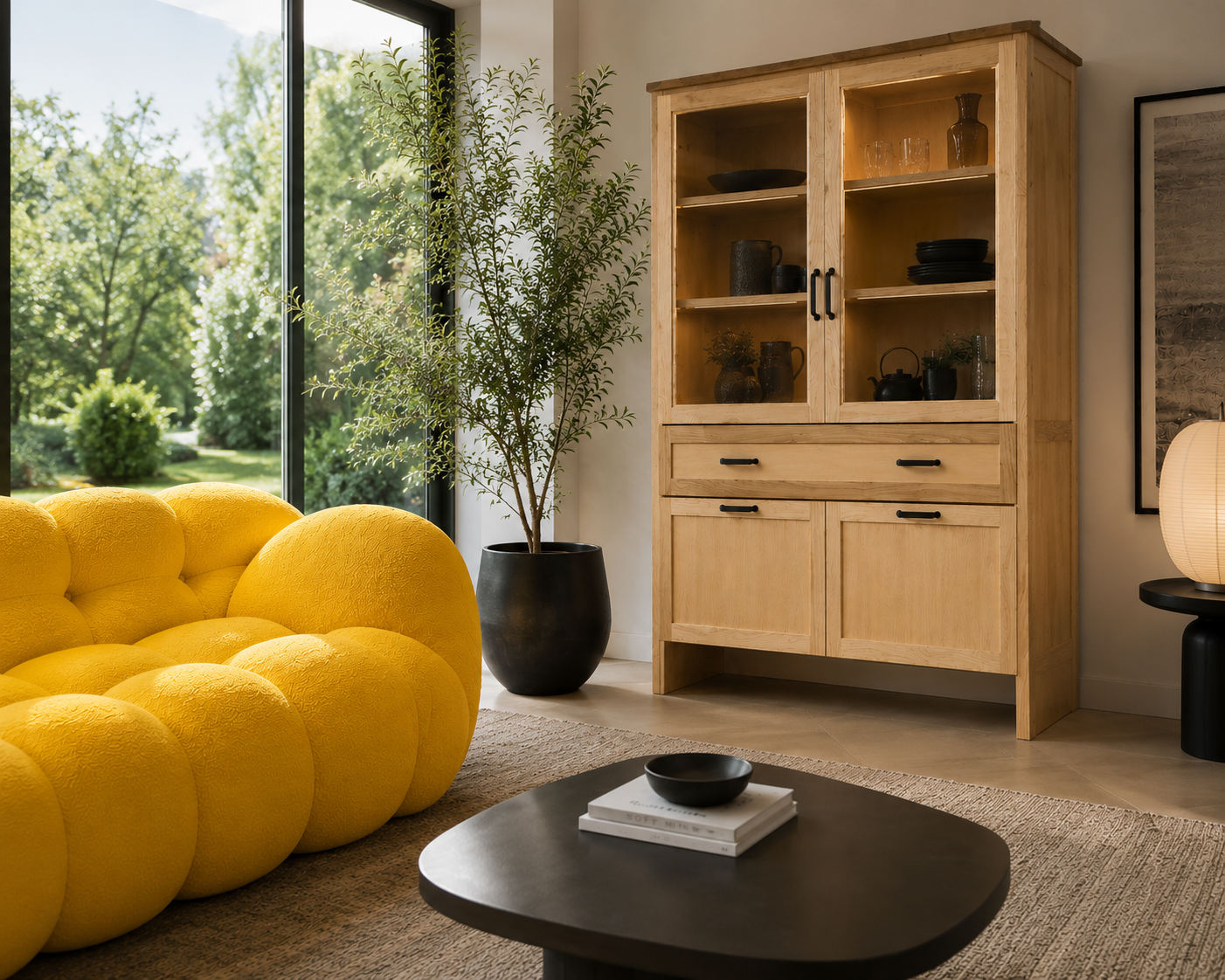 Buffet vaisselier en bois massif dans un salon contemporain avec éclairage LED.