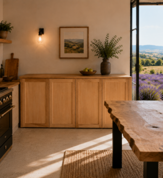Vaisselier en bois massif dans une cuisine avec vue sur un champ de lavande.