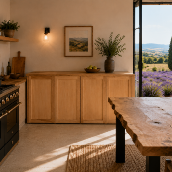 Vaisselier en bois massif dans une cuisine avec vue sur un champ de lavande.