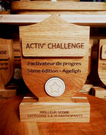 Trophée Activ’ Challenge Agefiph en bois massif fabriqué artisanalement en France – Manufacture Dubosc & Fils.